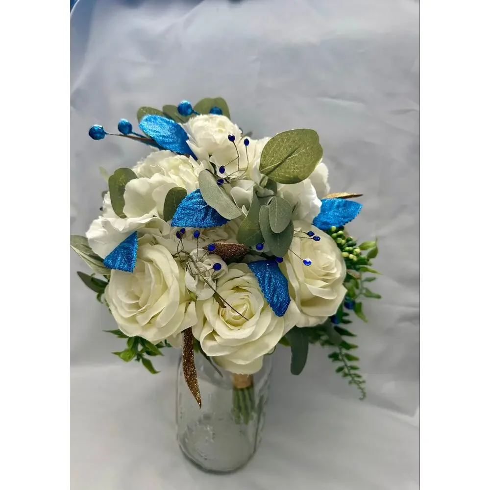 Homecoming prom floral bouquet artificial royal blue White off white gold